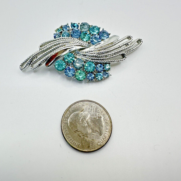 Coro Signed Blue Rhinestone Silver Tone Abstract Brooch Pin Vintage - Picture 9 of 10